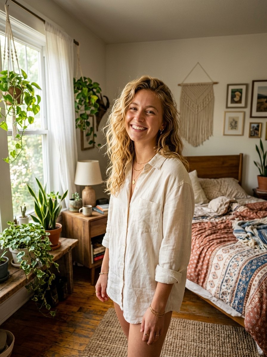 A smiling young woman with wavy blonde hair standing in a cozy bedroom decorated with many green indoor plants.