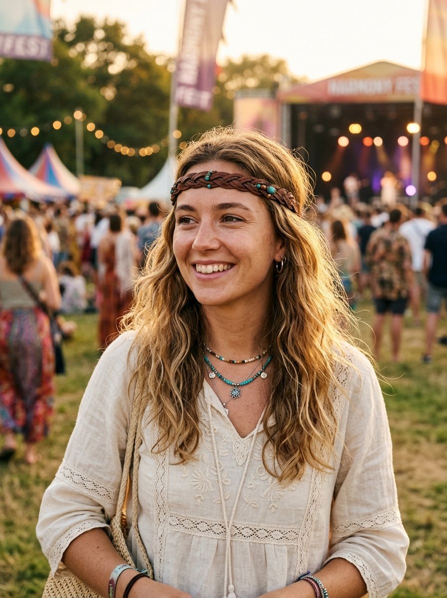 Close up of a smiling woman with wavy hair and a braided leather headband at a sunny music event.
