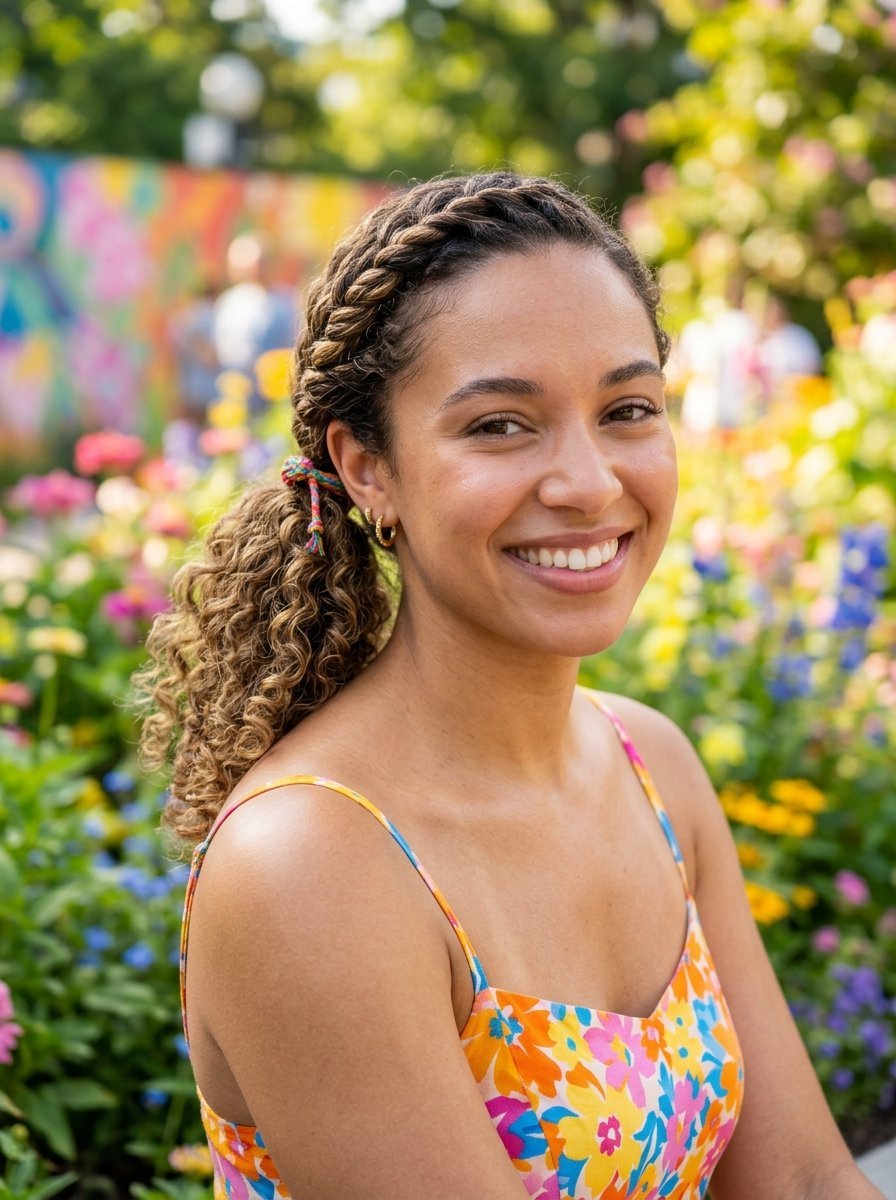 Close up portrait of a woman with braided curly hair and a colorful floral top standing among blooming flowers.