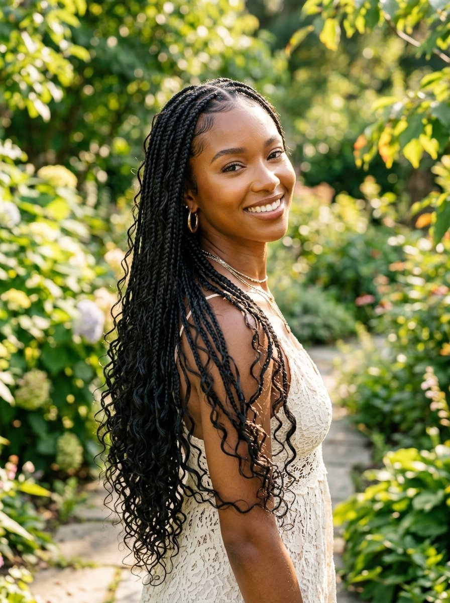 Portrait of a cheerful woman with long, dark, wavy-ended braids standing outdoors among green plants.