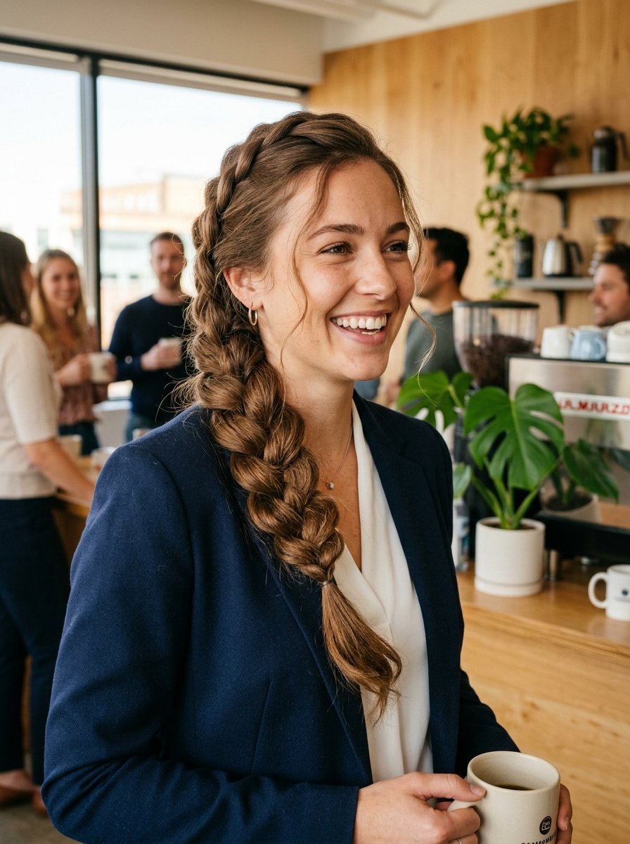 A woman with a side braid wearing a navy blazer holding a coffee mug while smiling during a social office gathering.