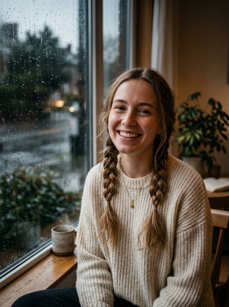 Portrait of a smiling young woman with blonde braids wearing a cream sweater next to a rain-streaked window.