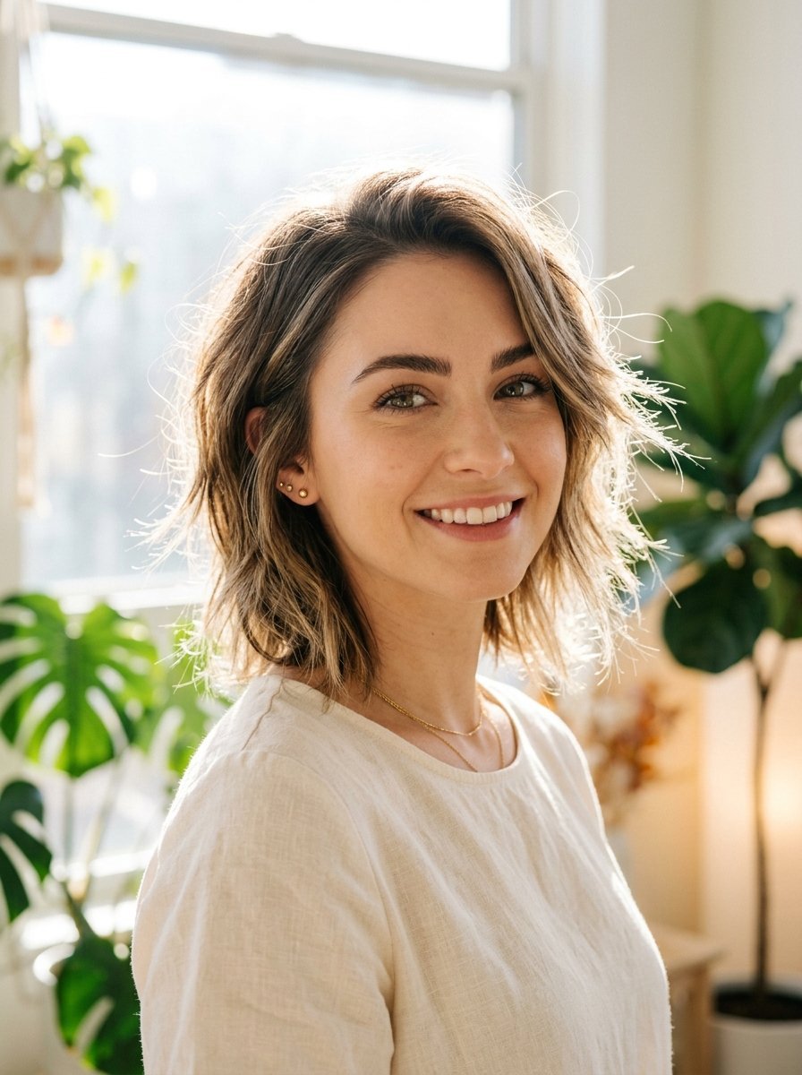 Close-up portrait of a cheerful woman with shoulder-length hair standing in a sunlit room with indoor plants.