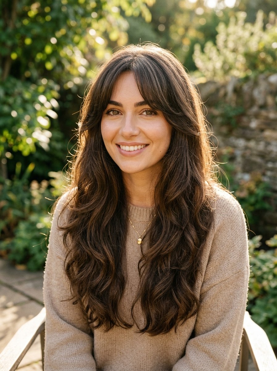 Portrait of a smiling woman with wavy brunette hair and bangs, wearing a tan sweater in a garden setting.