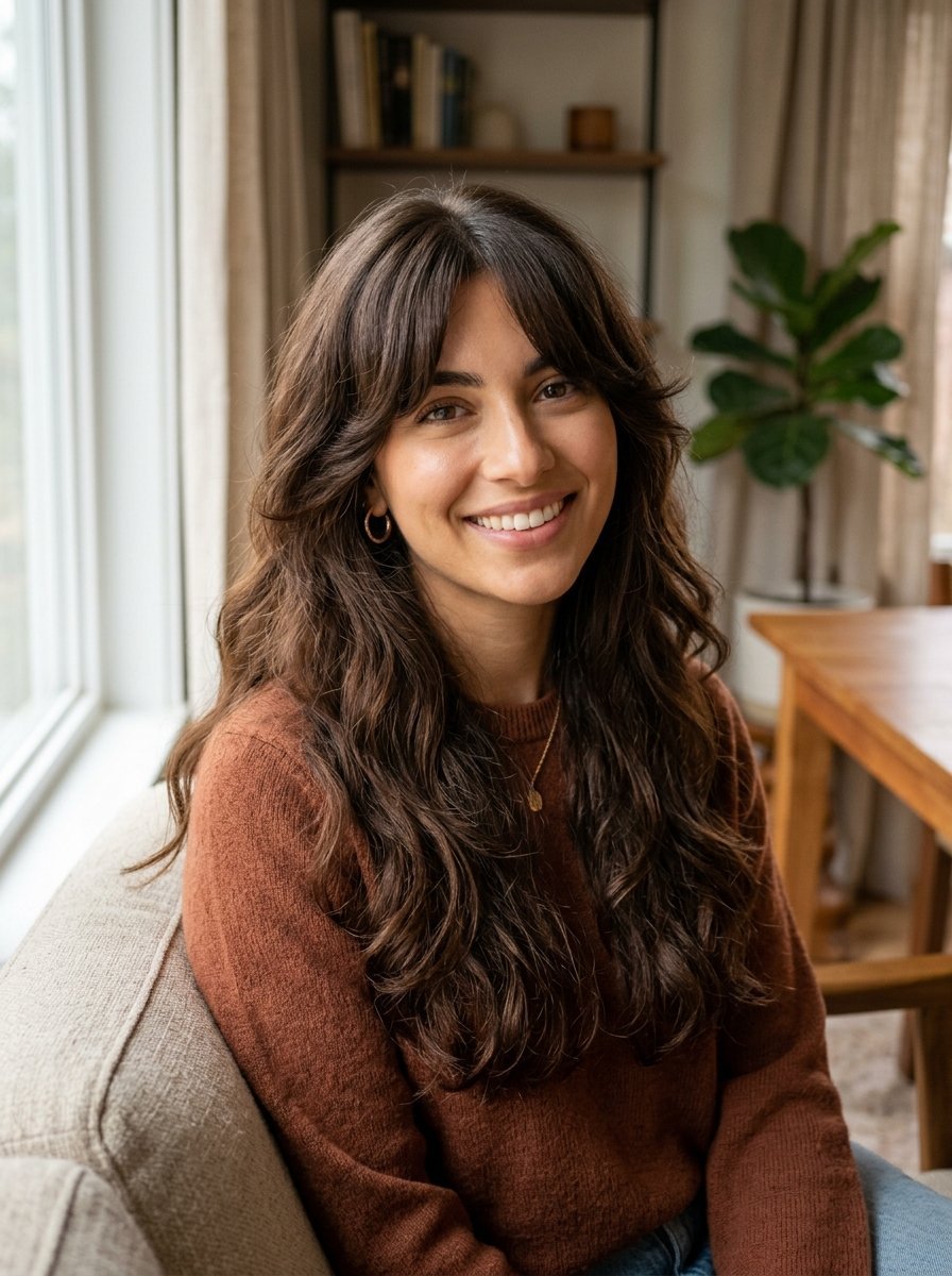 A smiling young woman with brunette curtain bangs sitting on a beige couch in a bright room.