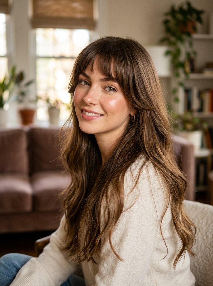 Portrait of a woman with long wavy brown hair and curtain bangs wearing a cream sweater indoors.