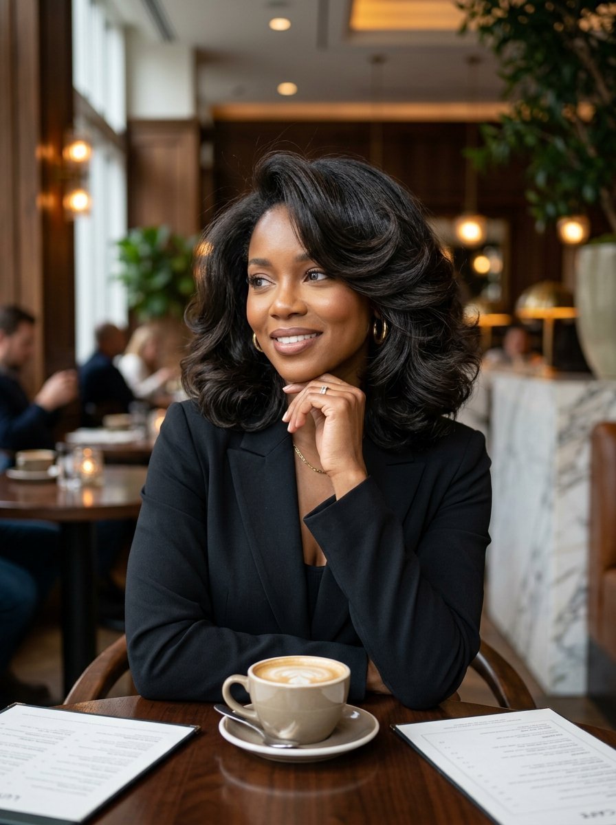 A professional woman wearing a black blazer smiles while sitting at a restaurant table with a cappuccino.