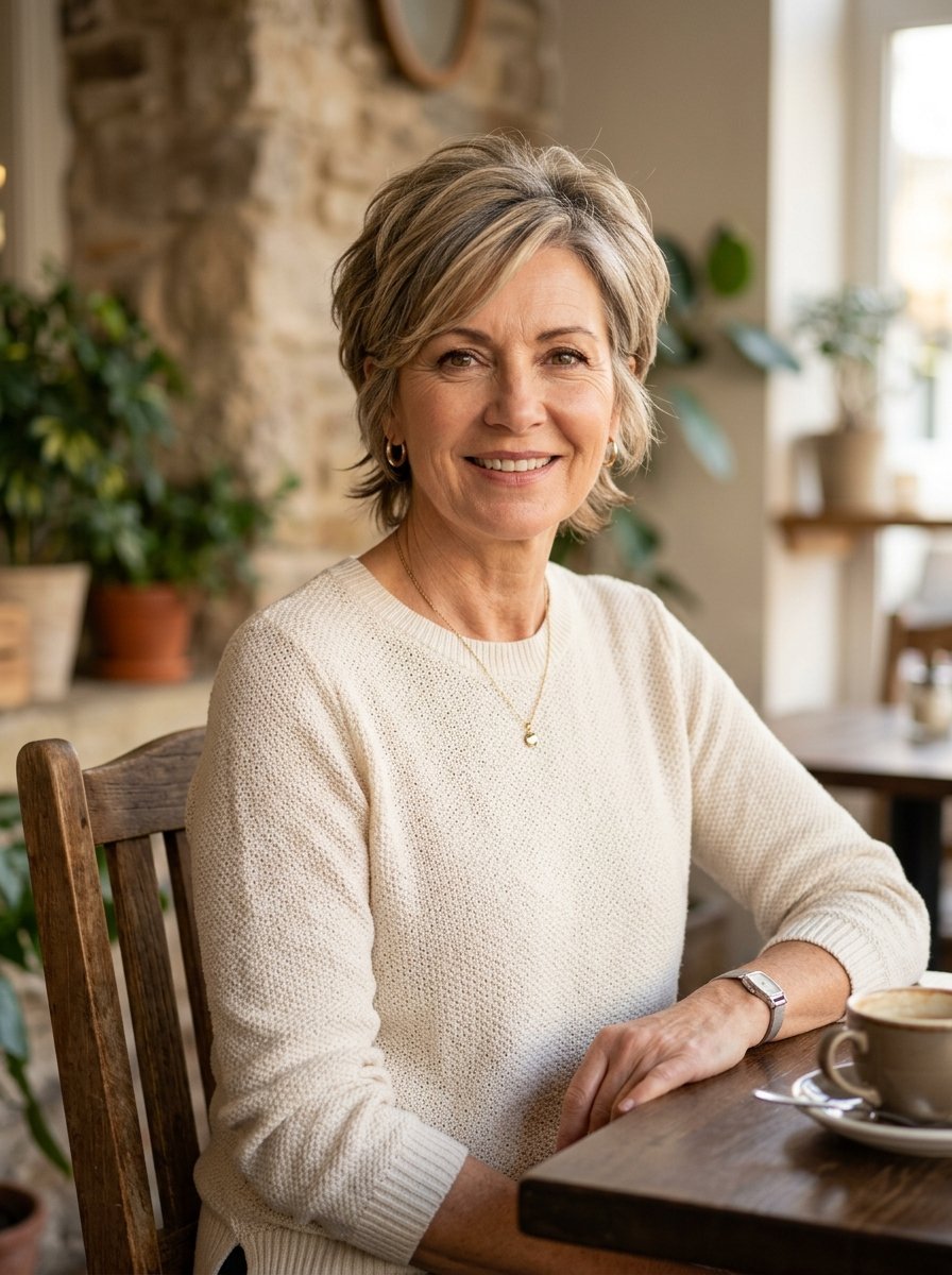 A mature woman wearing a cream sweater smiles while seated at a wooden table in a coffee shop.