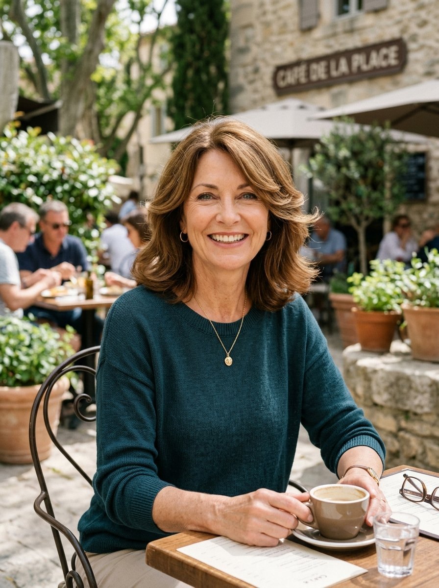 Middle-aged woman in a teal sweater sitting at a stone-walled outdoor restaurant holding a cup of coffee.