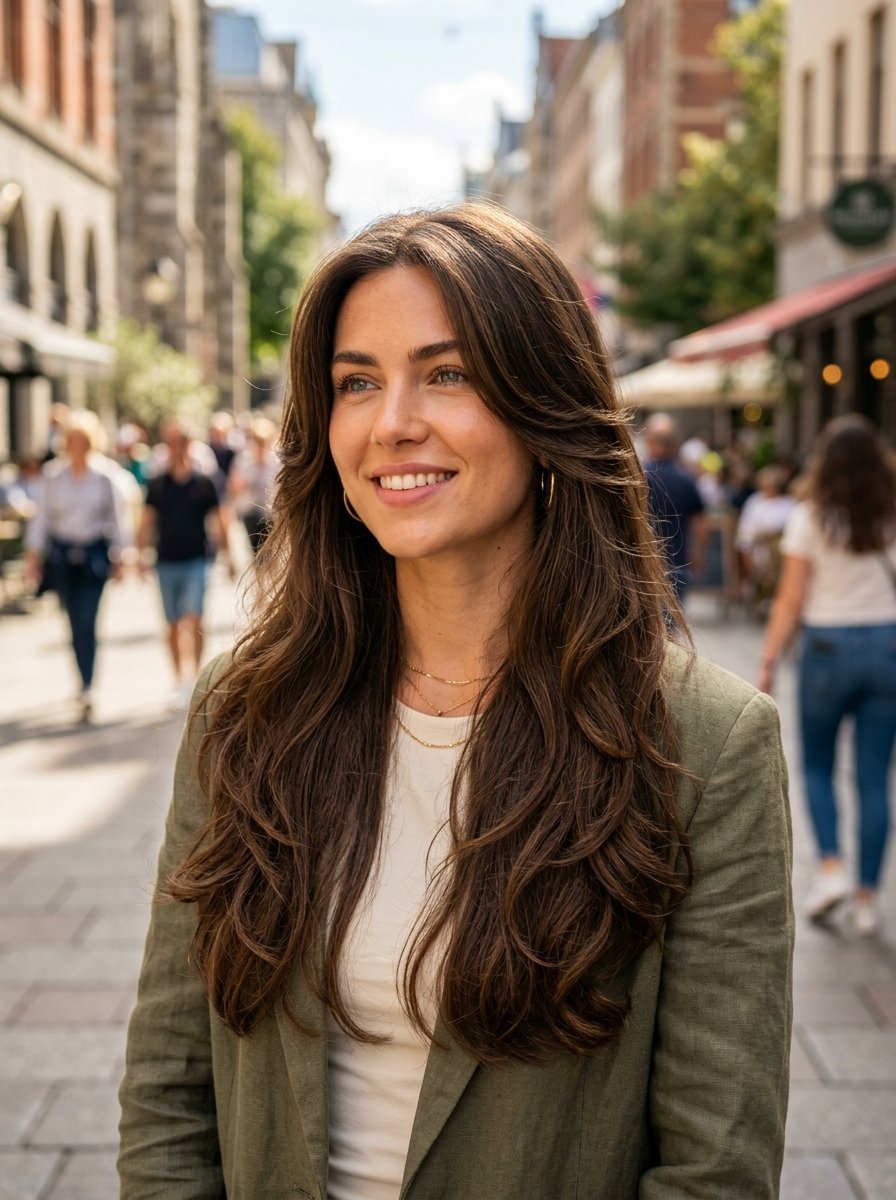 Portrait of a cheerful young woman wearing a green blazer while walking in a crowded European town square.