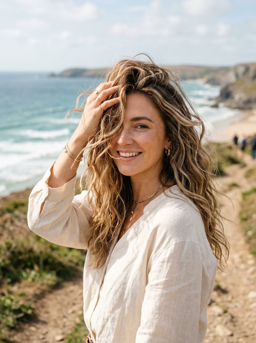 Portrait of a woman with long wavy blonde hair smiling while touching her hair on a sunny beach trail.