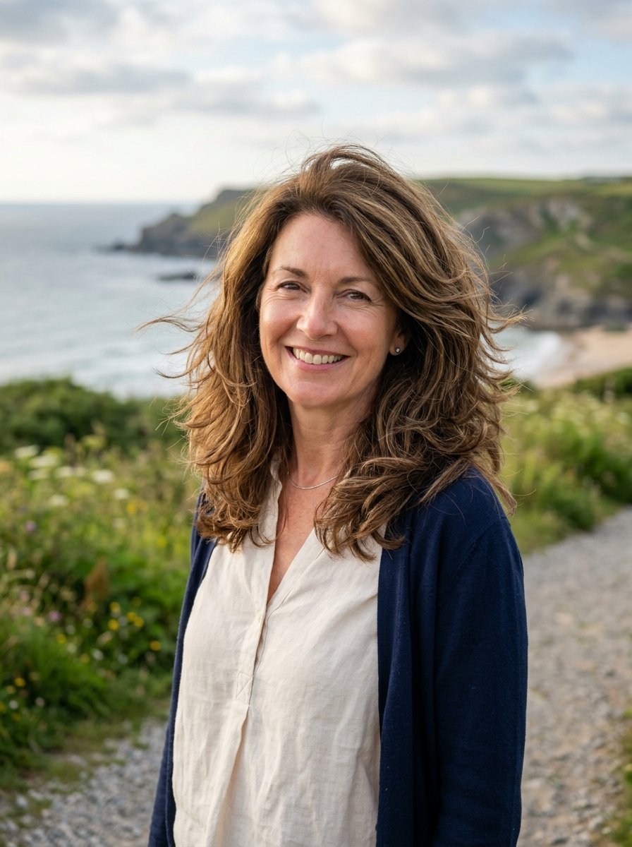 A friendly woman with wavy brown hair posing on a trail overlooking the ocean and cliffs.