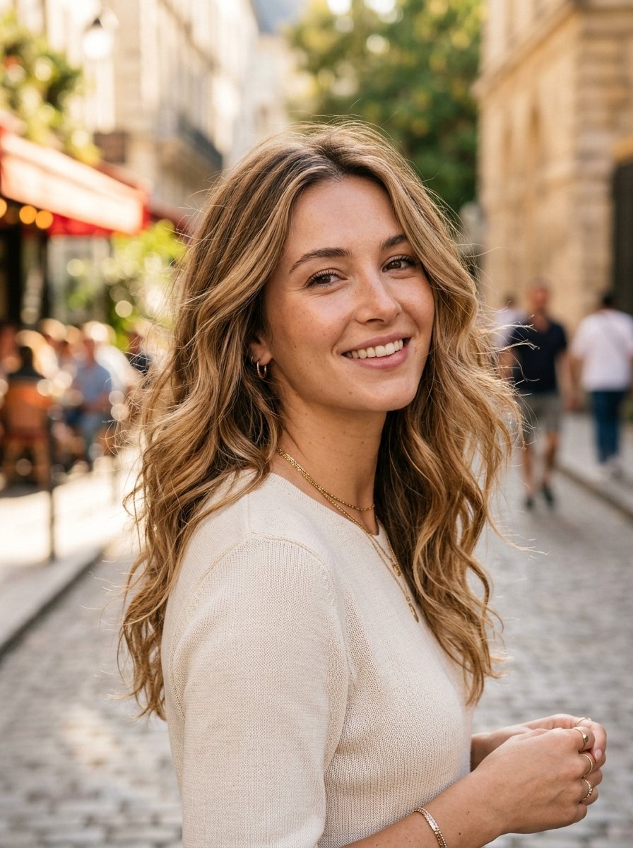 Portrait of a smiling woman with highlighted wavy hair wearing a white sweater on a European cobblestone street.