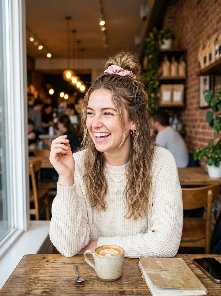 A woman in a cream sweater with a hair bun laughs at a wooden cafe table with a latte and a notebook.