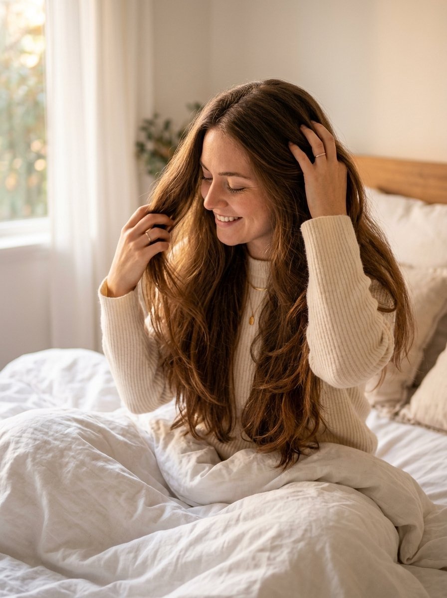 A brunette woman with long wavy hair sitting in a sunlit bedroom holding her hair up with both hands.