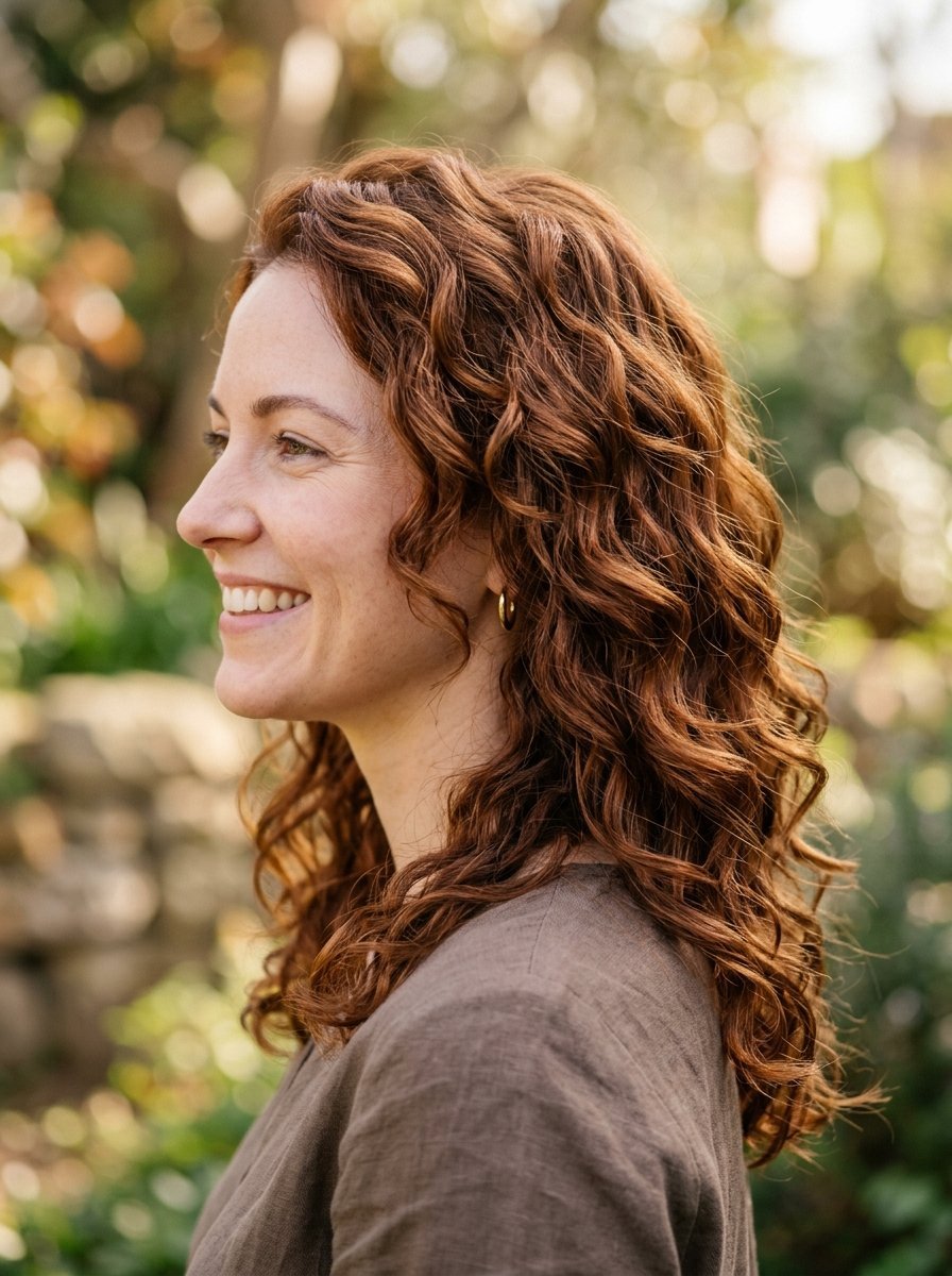 Portrait of a smiling woman in profile with long, wavy ginger hair standing outdoors in soft golden sunlight.