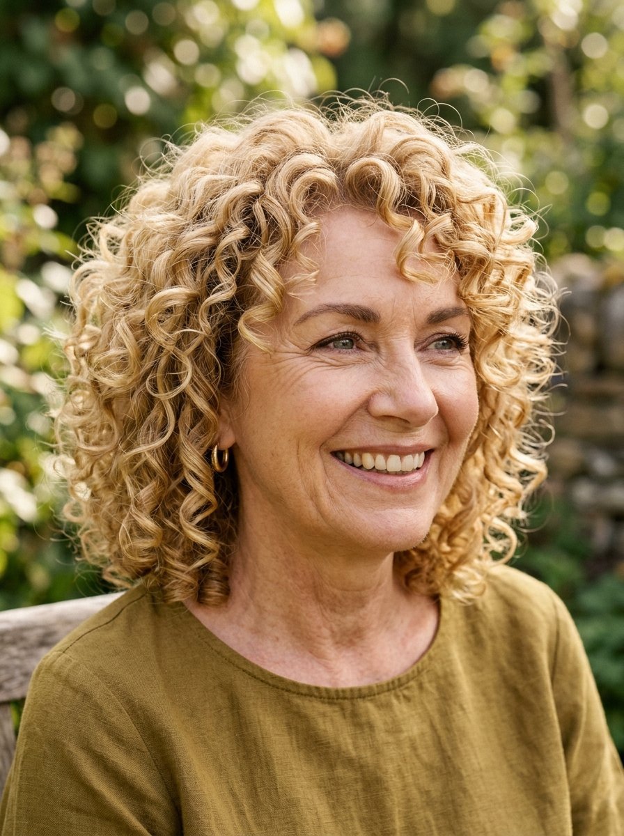 Portrait of a mature woman with natural blonde curly hair wearing an olive green shirt in a garden setting.