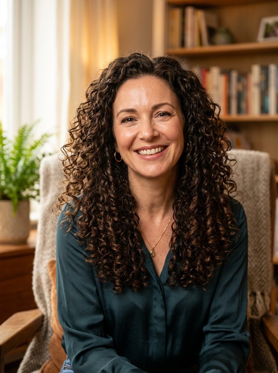 Portrait of a smiling woman with voluminous curly brown hair wearing a dark teal blouse in a cozy room.