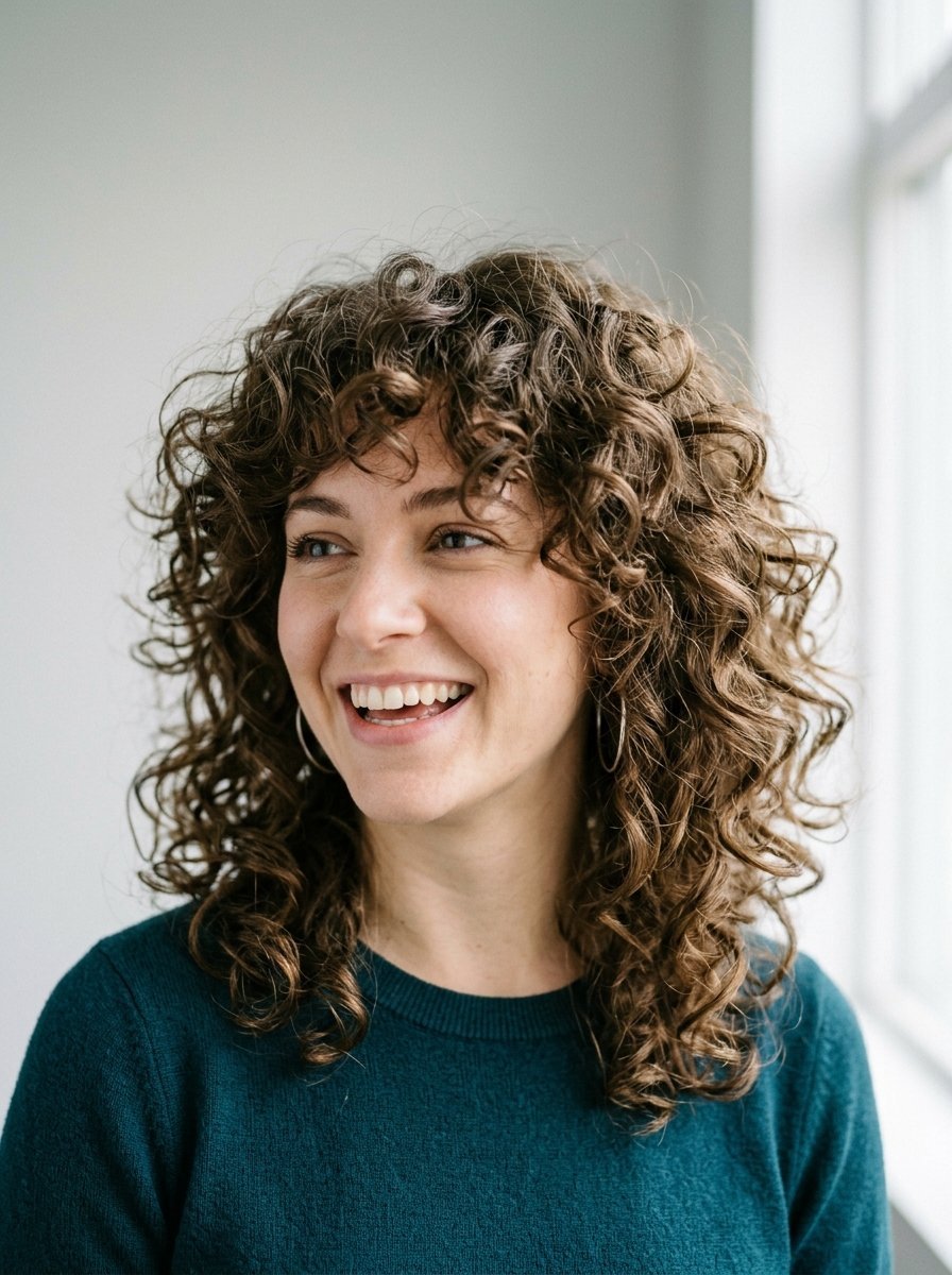 Portrait of a happy young woman with messy shoulder-length curly brown hair wearing a dark teal sweater.