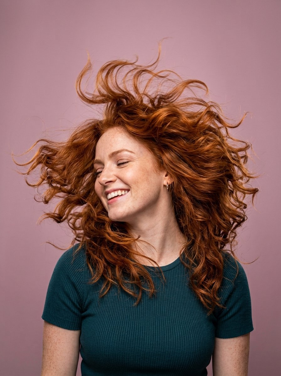 Portrait of a laughing woman with vibrant auburn curly hair blowing in the wind against a muted pink background.