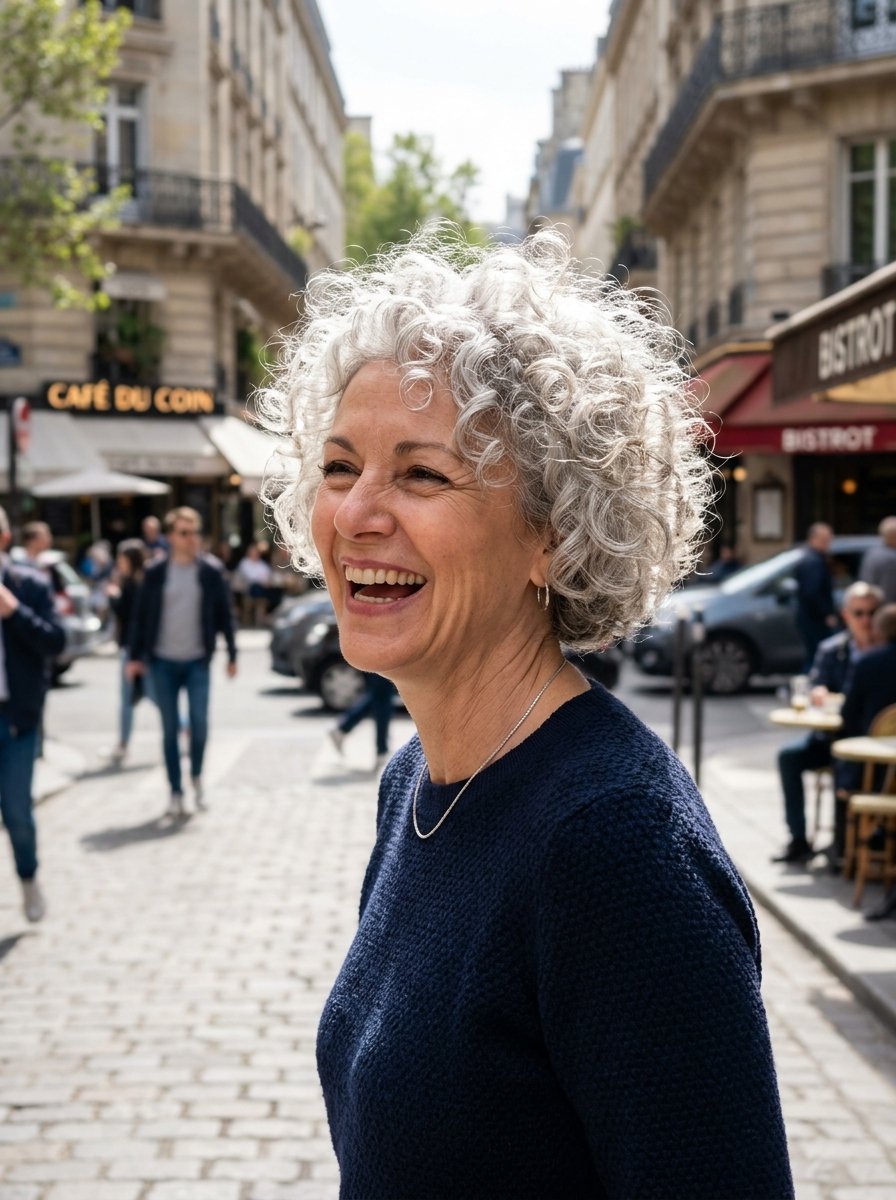 Close up profile of a happy senior woman with curly grey hair on a sunny city street.