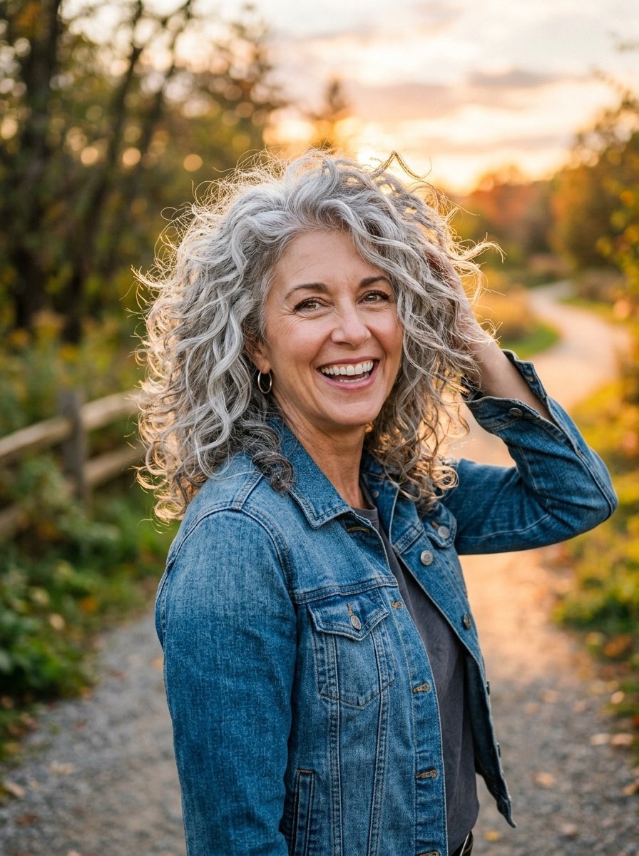 Portrait of a happy mature woman with voluminous grey curls laughing outdoors during golden hour.