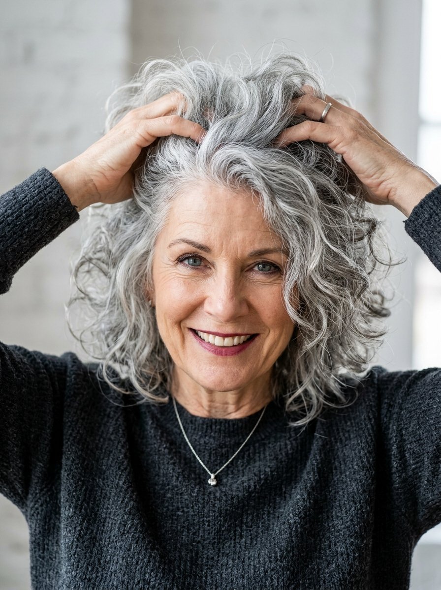 Portrait of a mature woman with curly grey hair holding her hands to her head while smiling.
