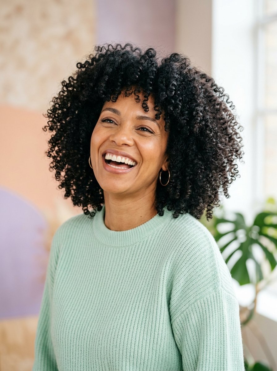 Portrait of a laughing woman with natural curly hair wearing hoop earrings and a light green textured sweater.