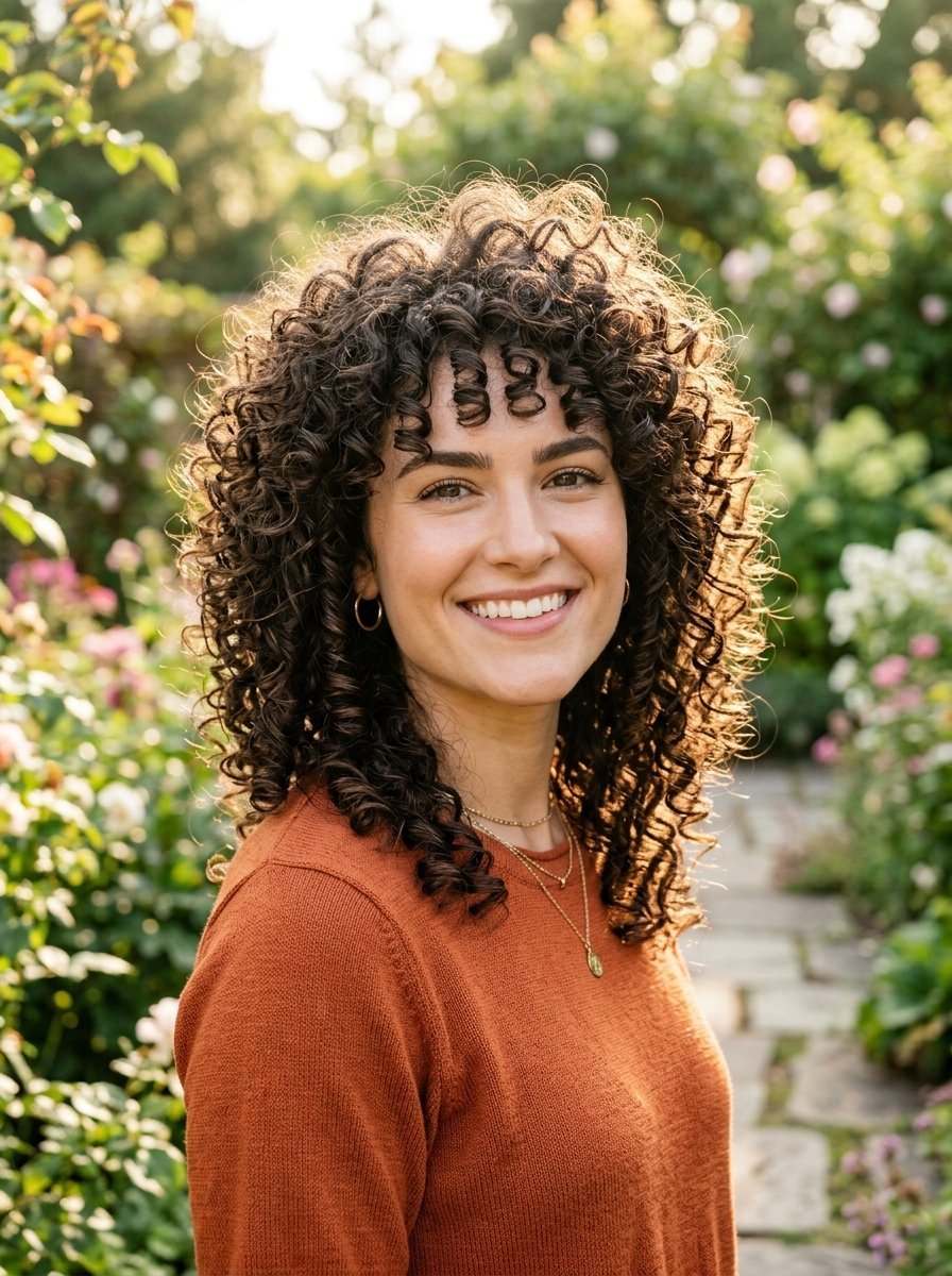 Portrait of a smiling woman with dark ringlets wearing an orange sweater outdoors in a sunlit garden.