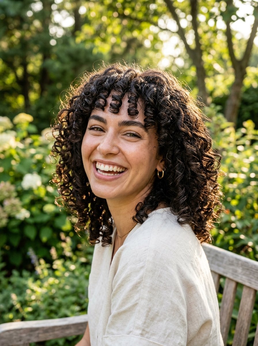 Close up of a happy woman with dark curly hair and bangs smiling while sitting on a wooden bench outdoors.