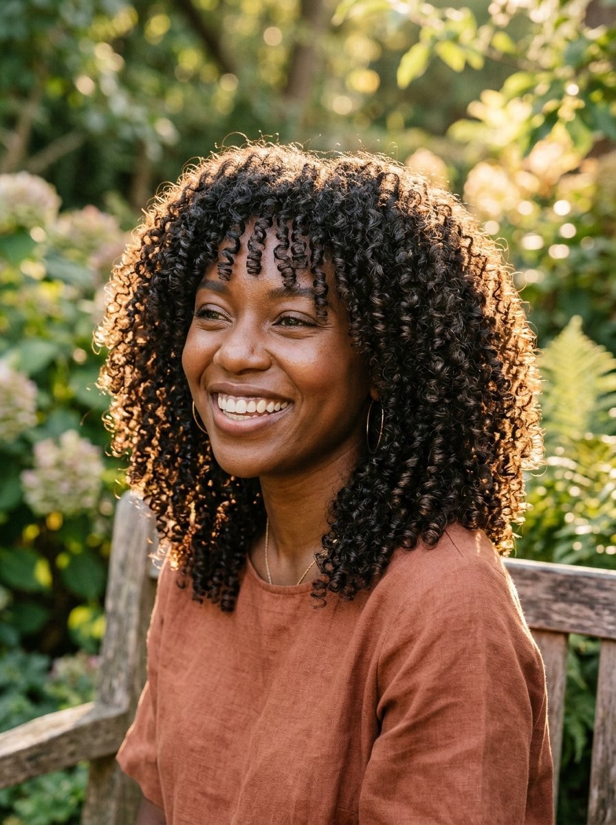 Portrait of a smiling woman with dark curly hair wearing a rust-colored top on a wooden bench outdoors.