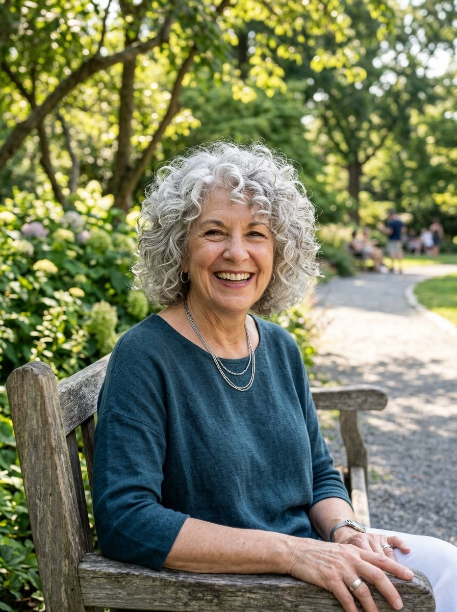 Portrait of a laughing senior woman with white curly hair seated on a weathered wooden park bench.