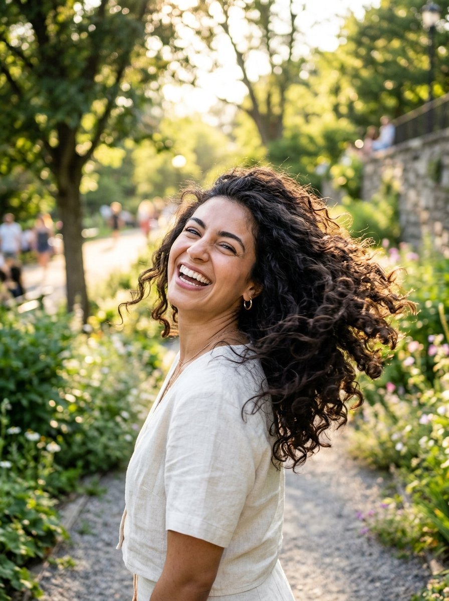 Close up of a happy woman with dark curly hair posing outdoors at sunset.