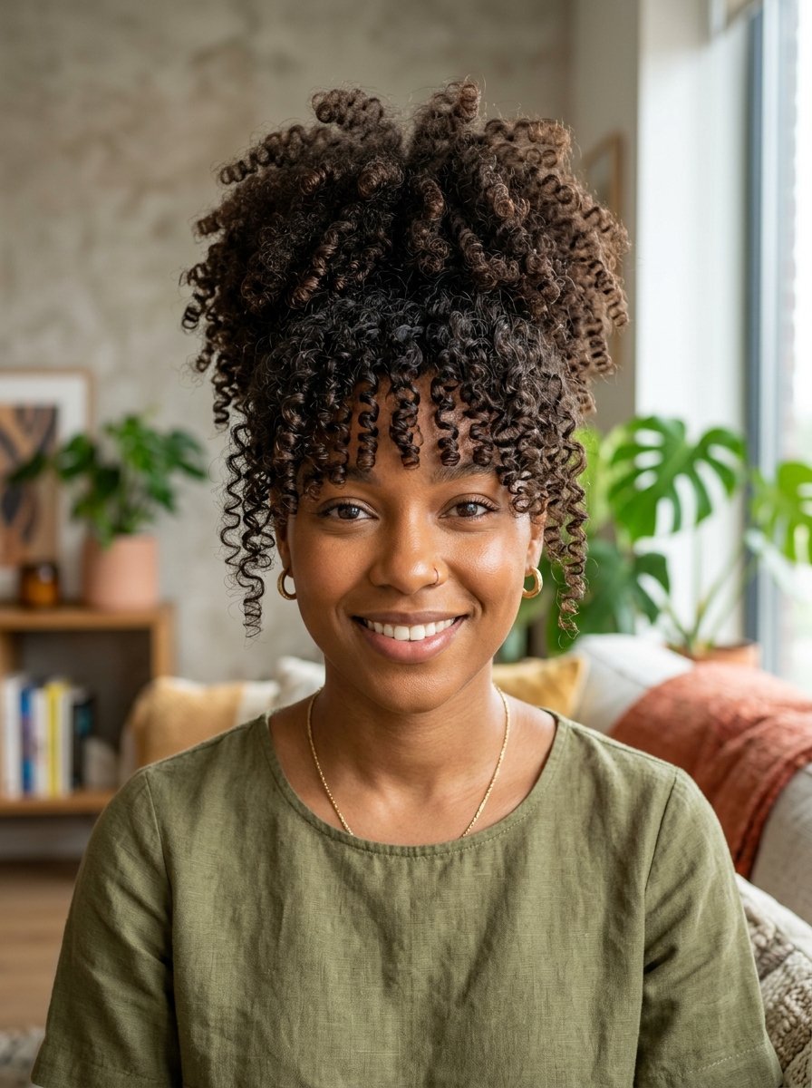Portrait of a happy Black woman with tight curly hair styled in a high bun with face-framing ringlets.