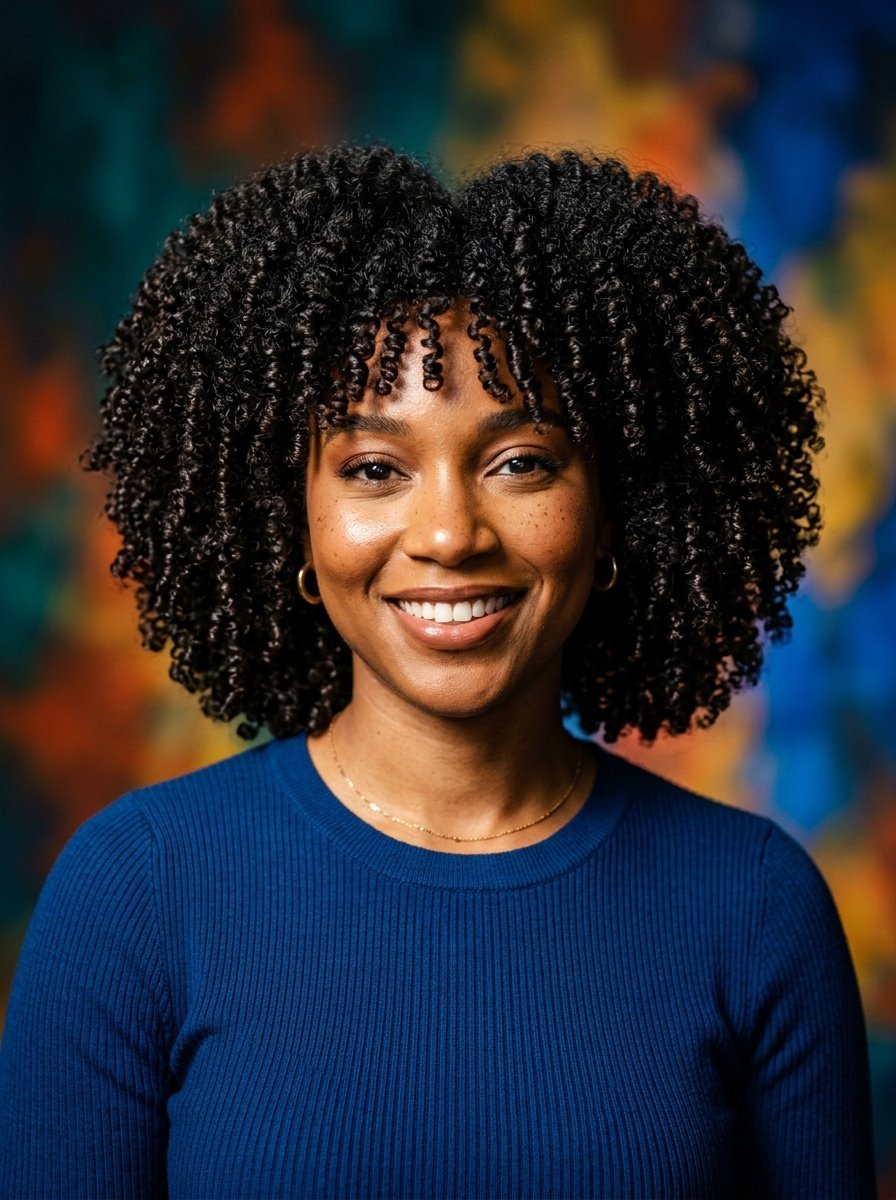 A friendly woman with tight dark curls and a blue sweater posing against a vibrant, abstract background.