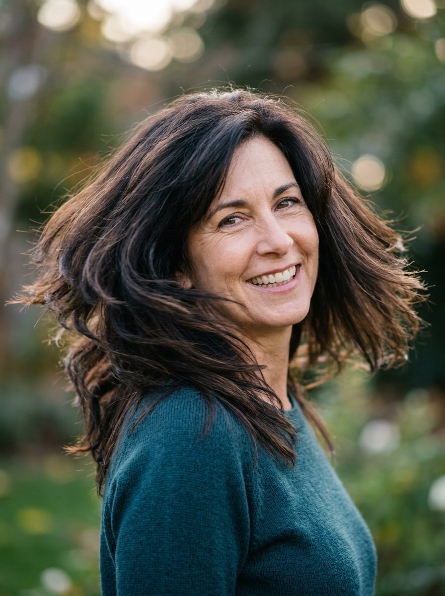 Portrait of a mature woman with layered dark hair smiling at the camera in a park setting.