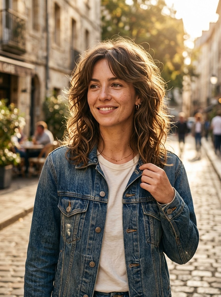 Portrait of a happy woman with wavy hair in a denim jacket standing on a sunlit European street