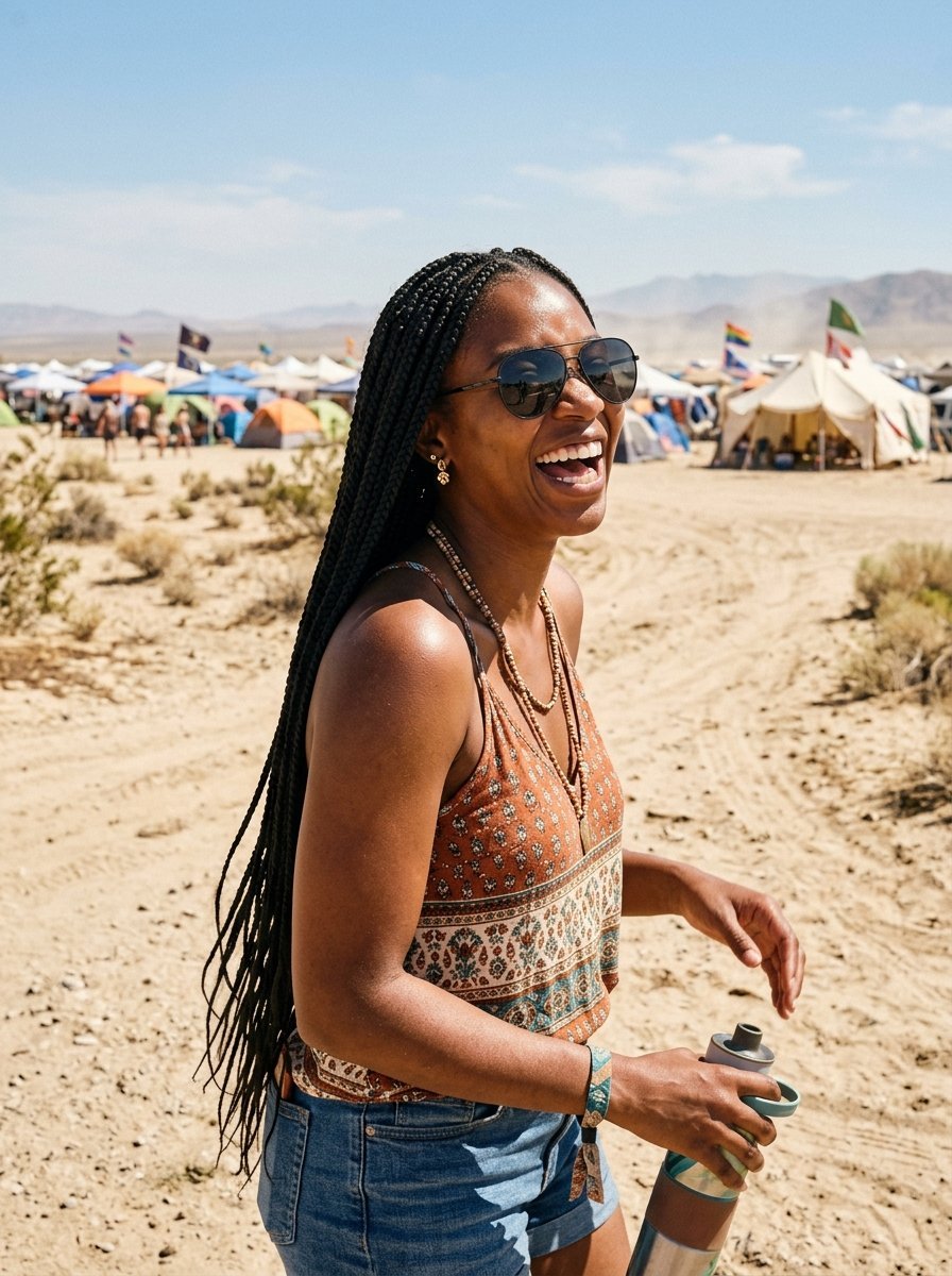 A Black woman with long braids laughing while carrying a water bottle at a dusty desert campground.