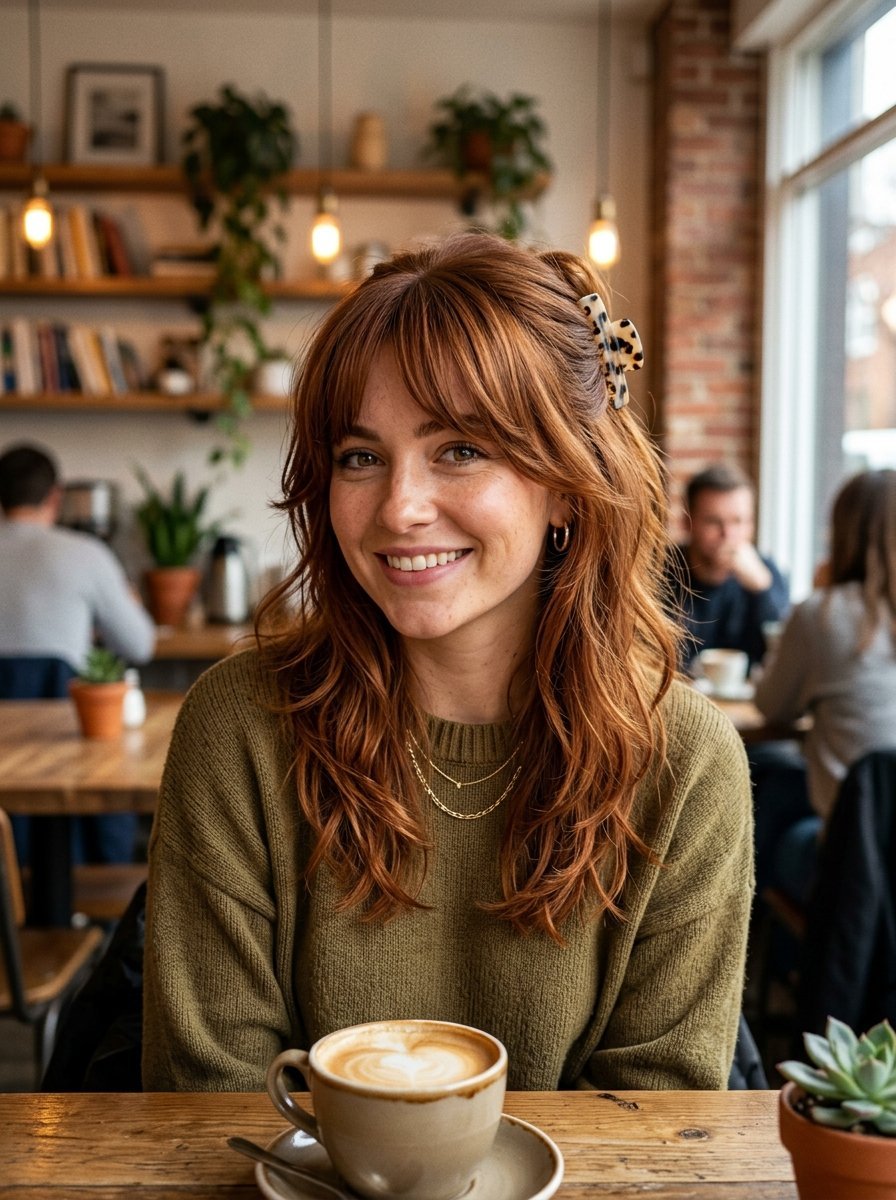 A smiling woman with copper hair and a claw clip sits at a wooden table in a cafe with a latte in front of her.