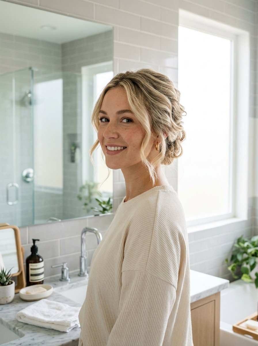 Portrait of a blonde woman standing in a bright modern bathroom with a chic braided hairstyle.