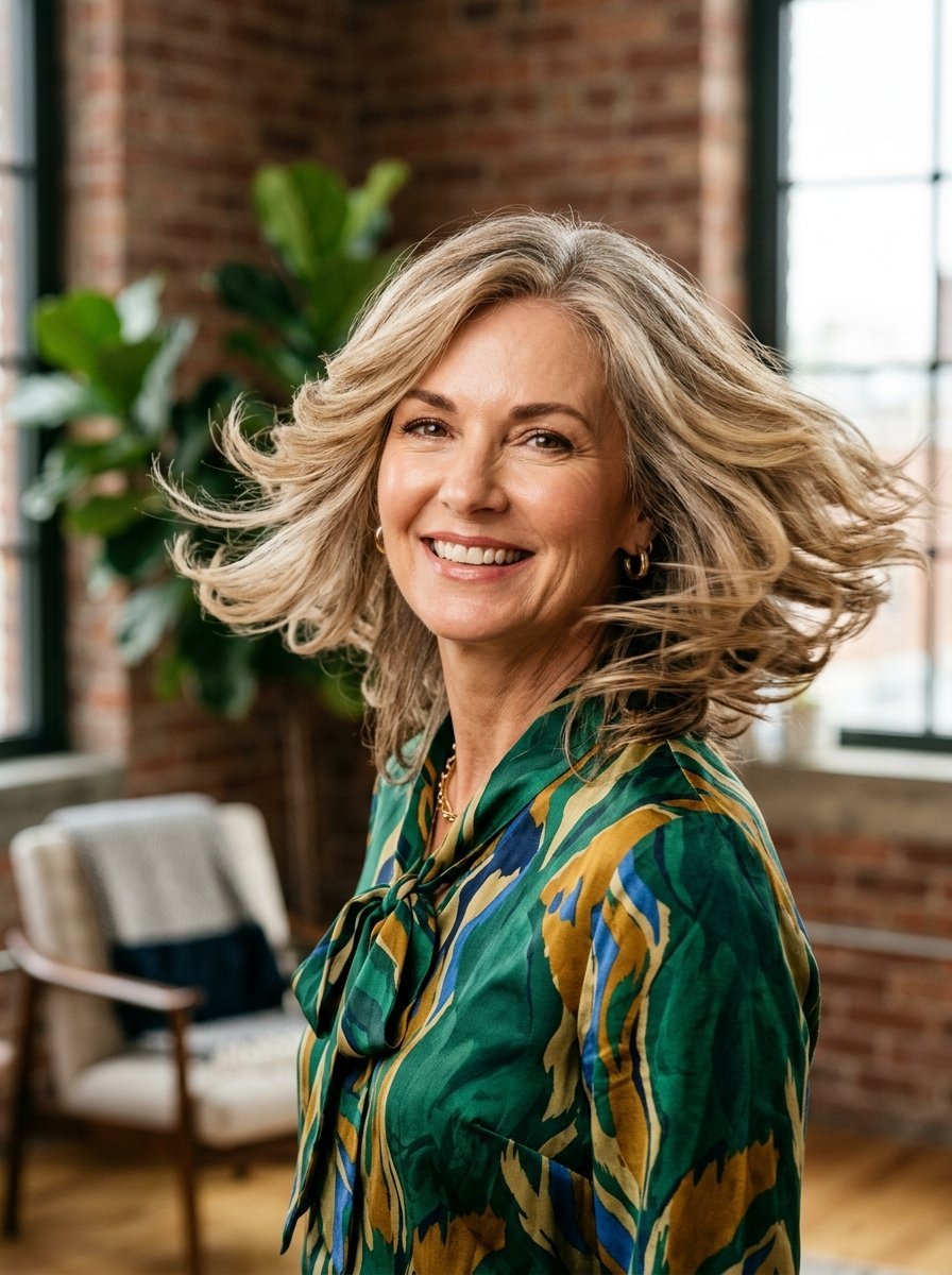 A middle-aged woman with voluminous blonde hair smiling in a sunlit loft with brick walls.