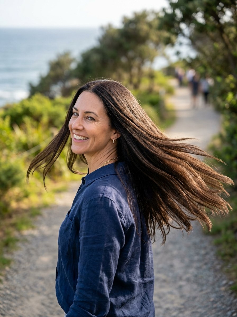 A woman in a blue shirt turns around to smile with her long dark hair flowing in the wind by the ocean.