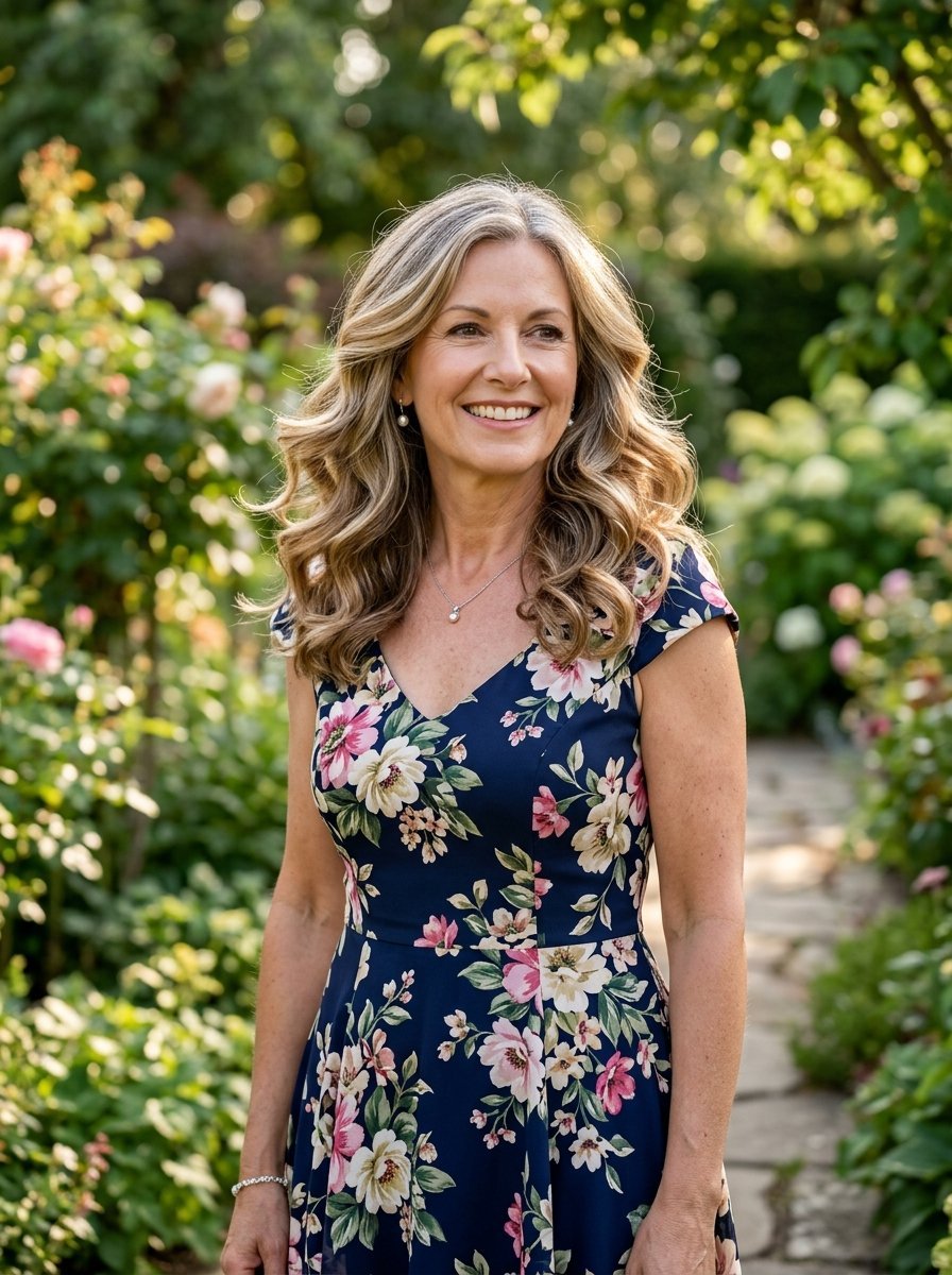 Portrait of a smiling woman in a navy floral dress standing in a sunlit garden with rose bushes.
