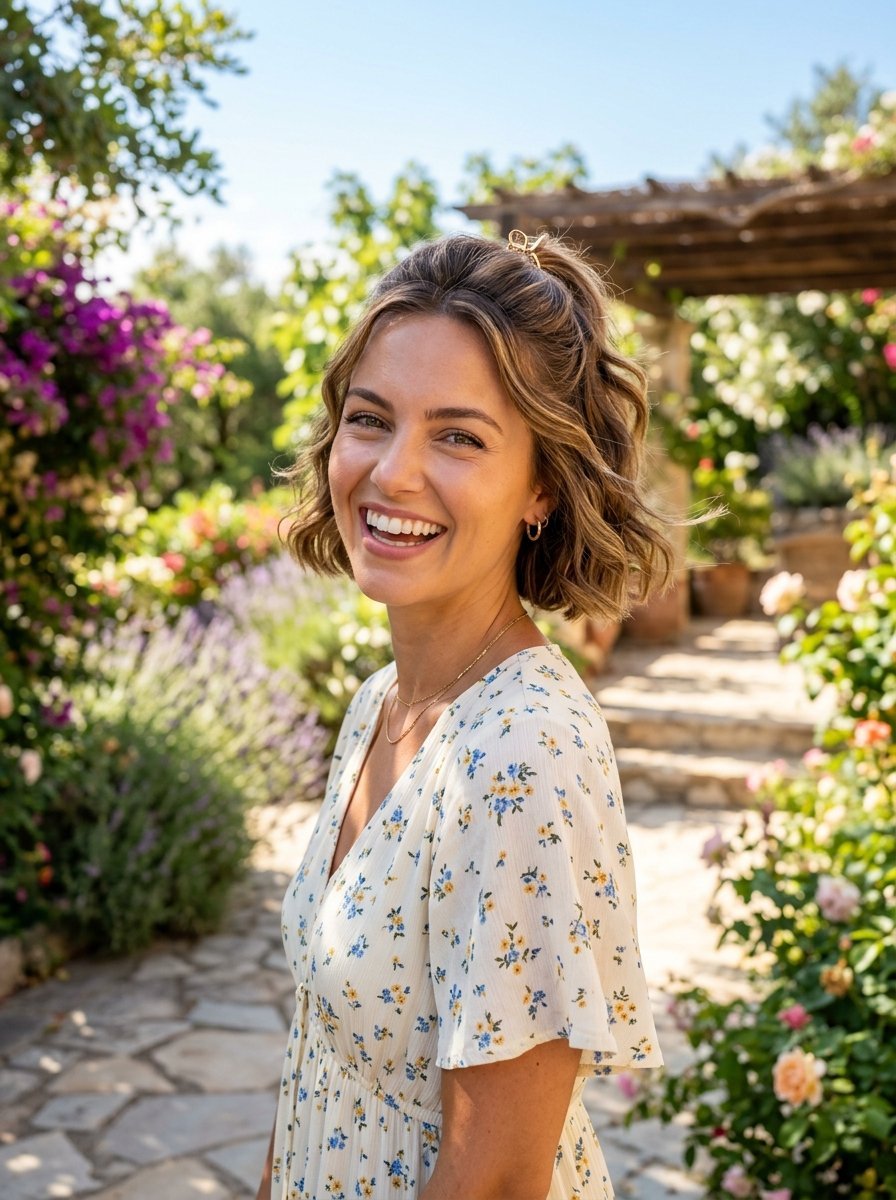 Portrait of a cheerful woman with short wavy hair standing outside on a sunny day in a floral print dress.