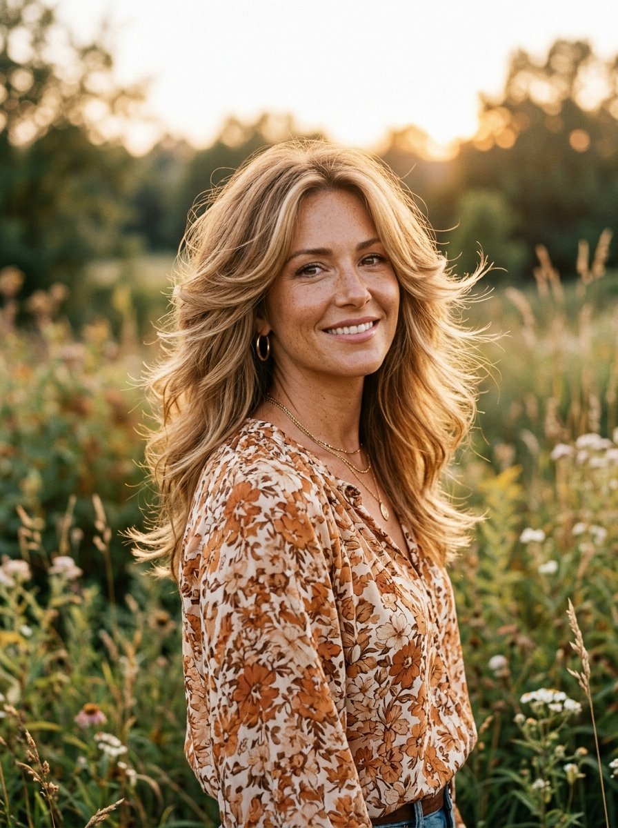 Portrait of a woman with long wavy blonde hair wearing a floral blouse in a sunset field.