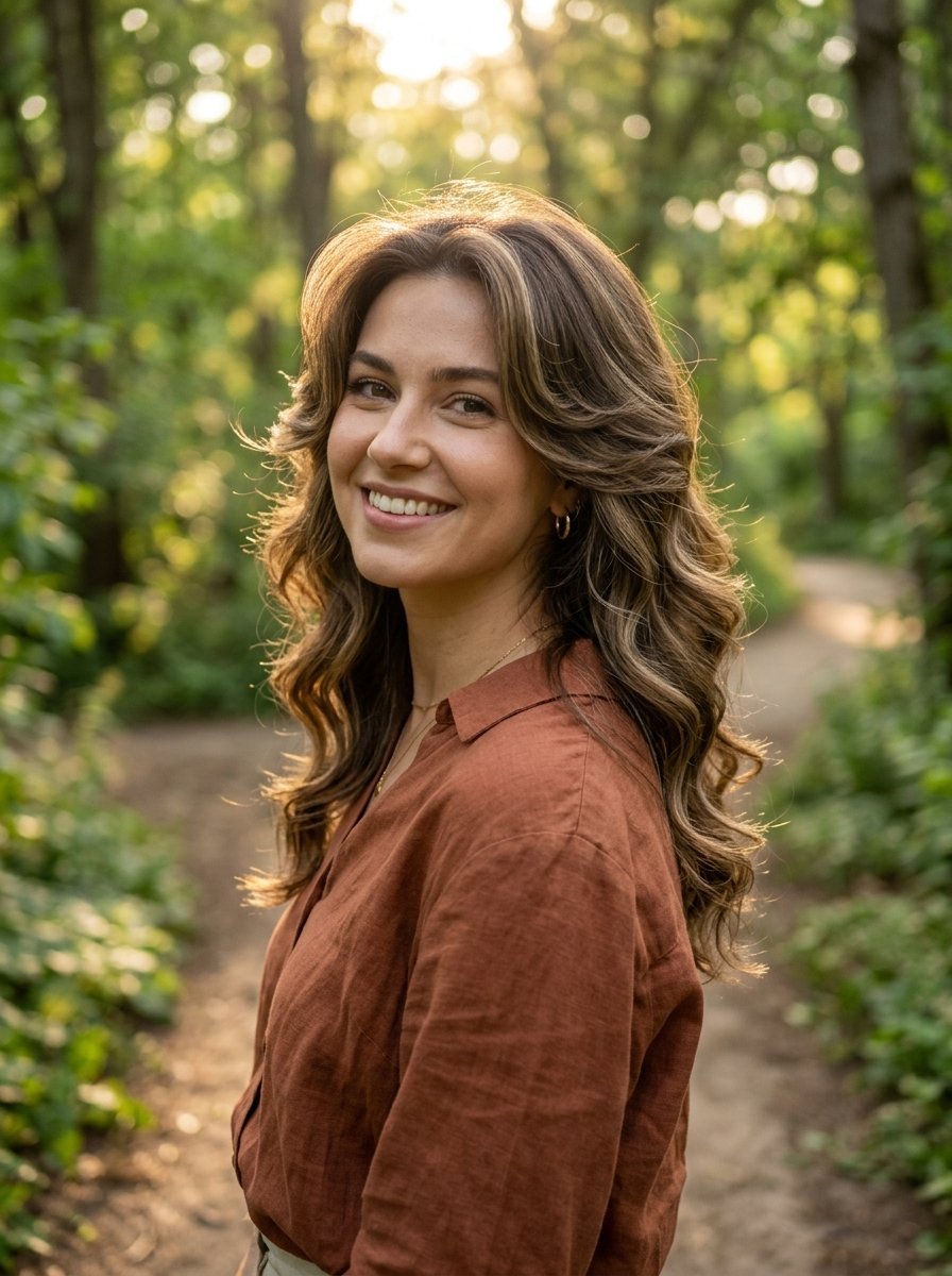 Portrait of a smiling young woman wearing a brown linen shirt outdoors with golden sunlight behind her.