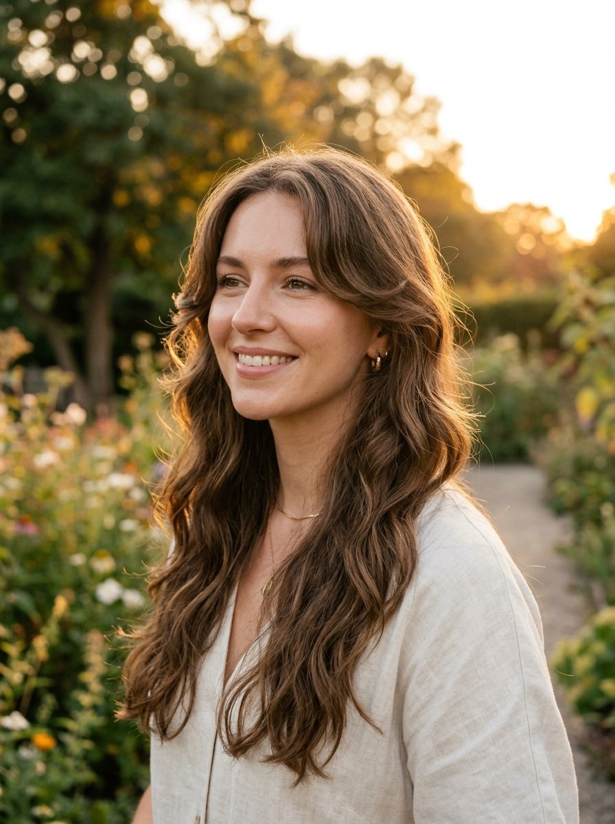 Close-up portrait of a woman with wavy brown hair in a garden during golden hour.
