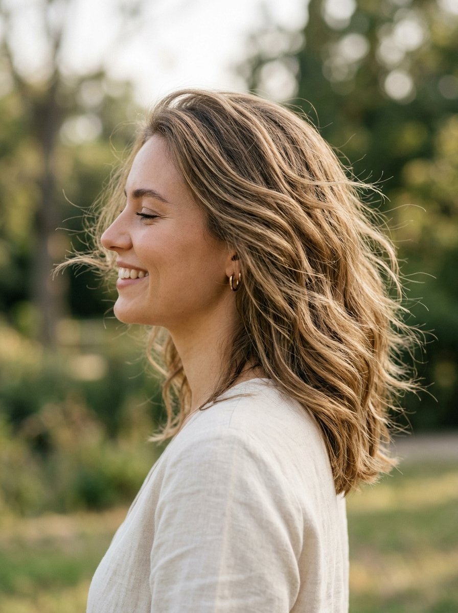 Side profile of a smiling woman with wavy light brown hair blowing in the breeze outdoors.