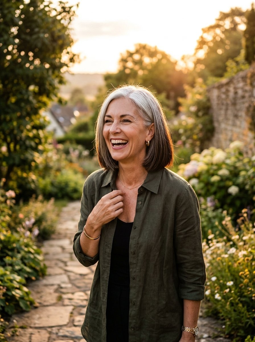 A middle-aged woman with grey hair laughs while wearing an olive green shirt in a sunlit flower garden.