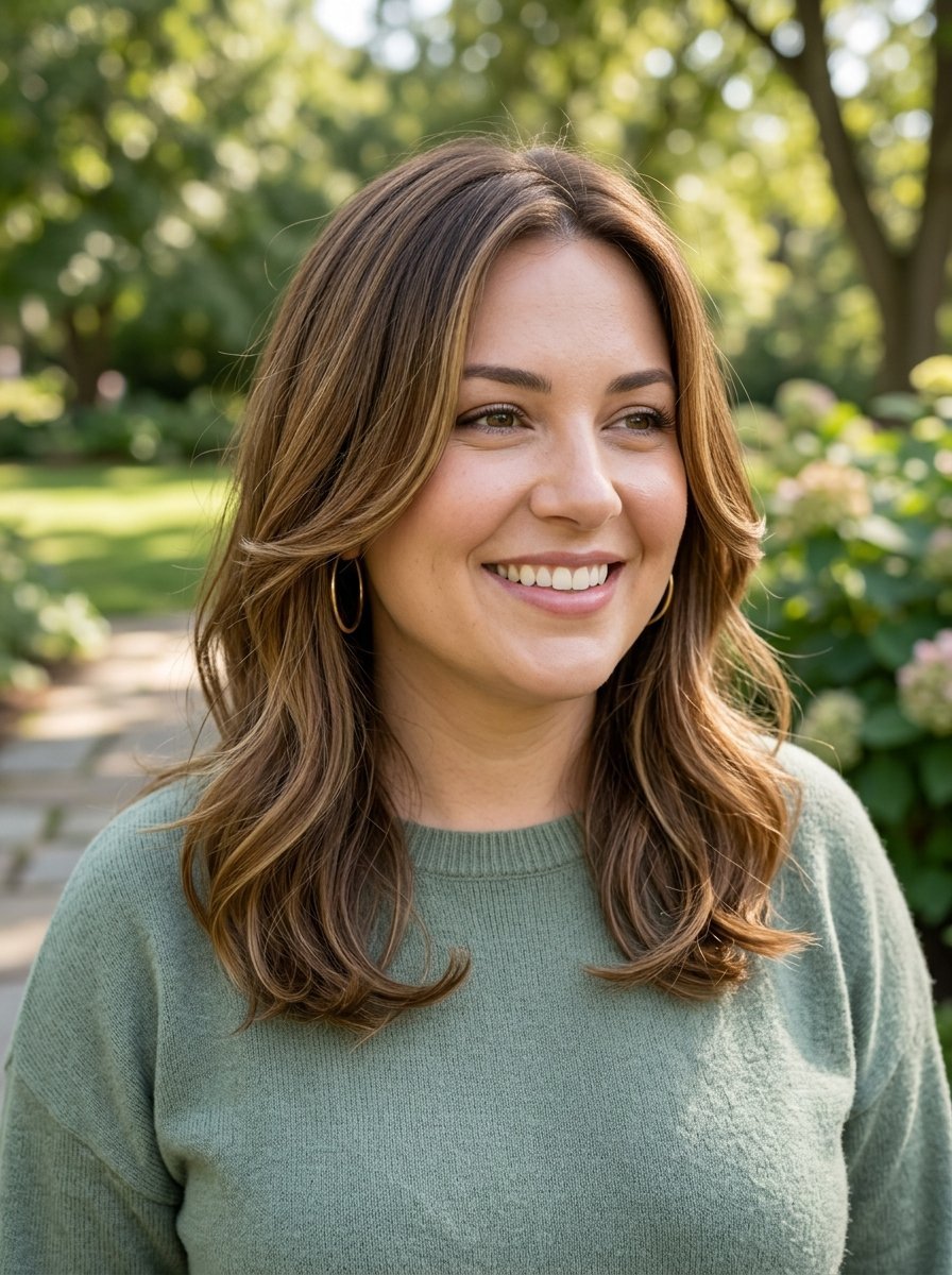 Portrait of a woman with highlighted brown hair and gold hoop earrings posing in a garden.